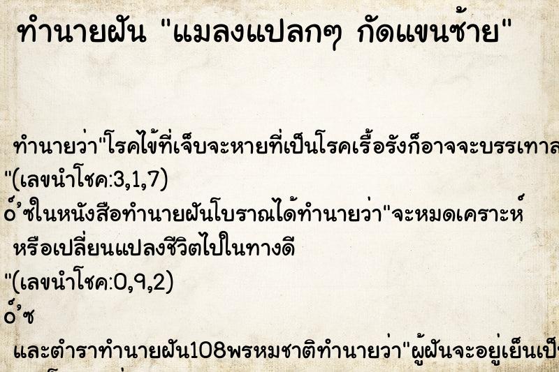 ทำนายฝัน แมลงแปลกๆ กัดแขนซ้าย ทำนายฝัน แมลงแปลกๆ กัดแขนซ้าย